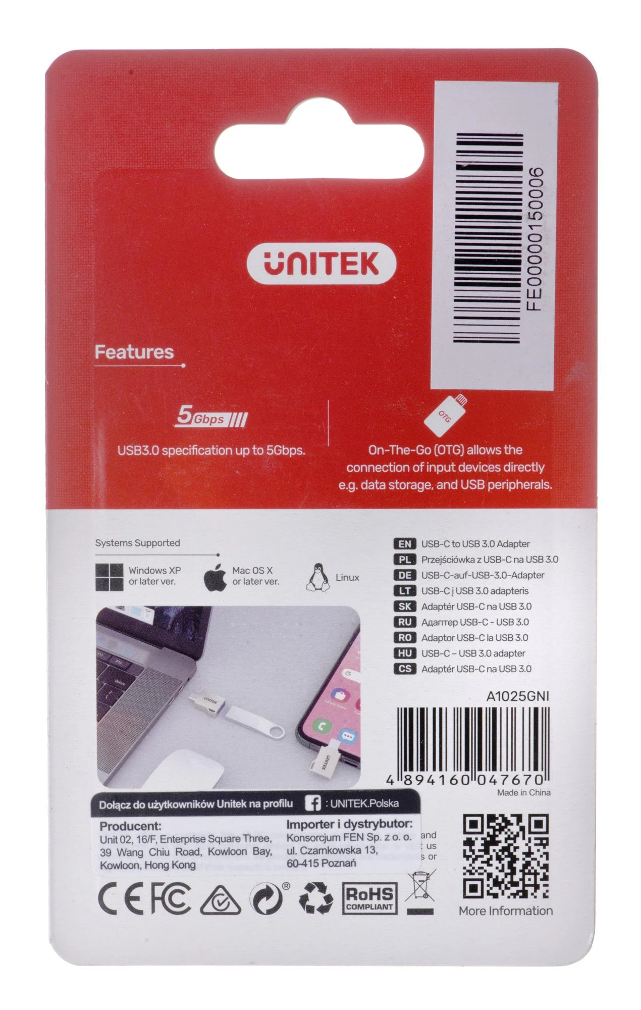 UNITEK A1025GNI ADAPTERIS USB-A – USB-C 3.1 Gen1 F/M