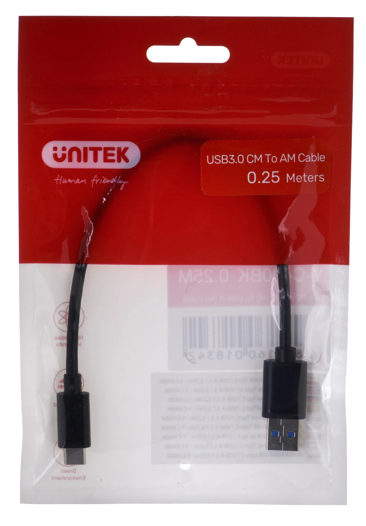 UNITEK CABLE USB-A – USB-C 3.1. 0,25 m Y-C490BK