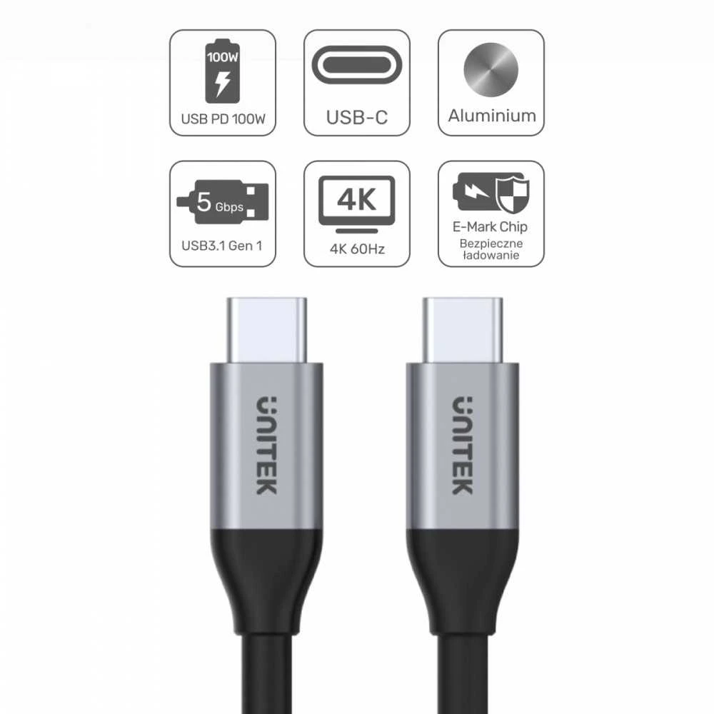 USB Unitek USB-C – USB-C laidas 2 m sidabrinis (C14091ABK)