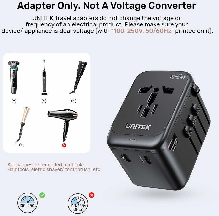 Unitek kelioninis adapteris EU/US/UK/AUS PD 65 W