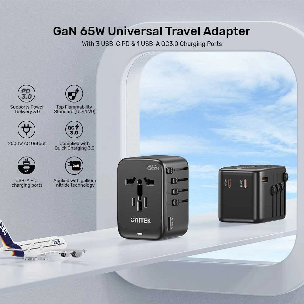 Unitek kelioninis adapteris EU/US/UK/AUS PD 65 W