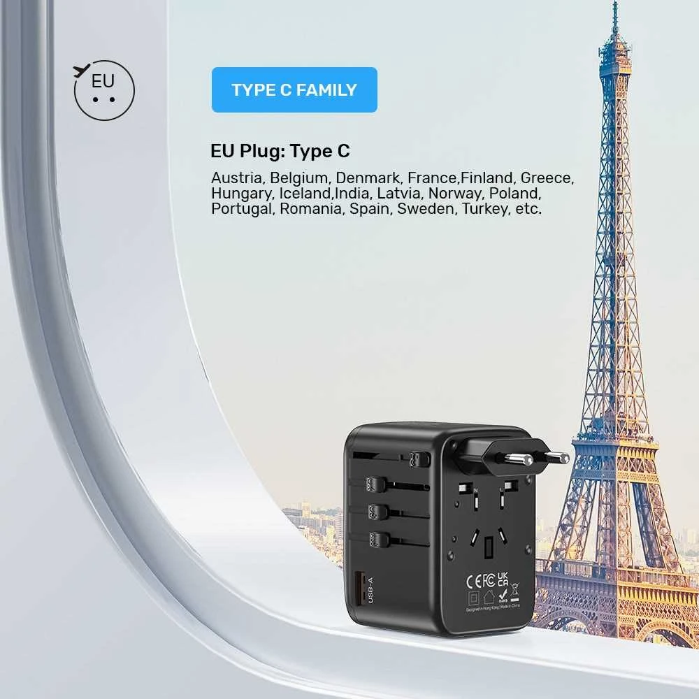 Unitek kelioninis adapteris EU/US/UK/AUS PD 65 W