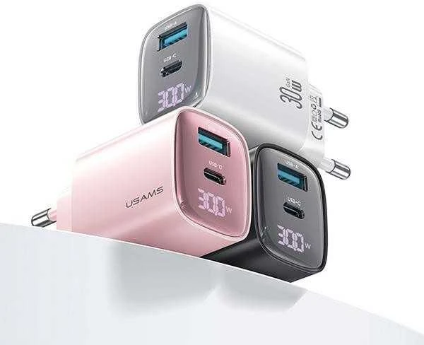 Usams 30W gan led usb+usb-c cc229 greito įkrovimo sieninis įkroviklis, baltas