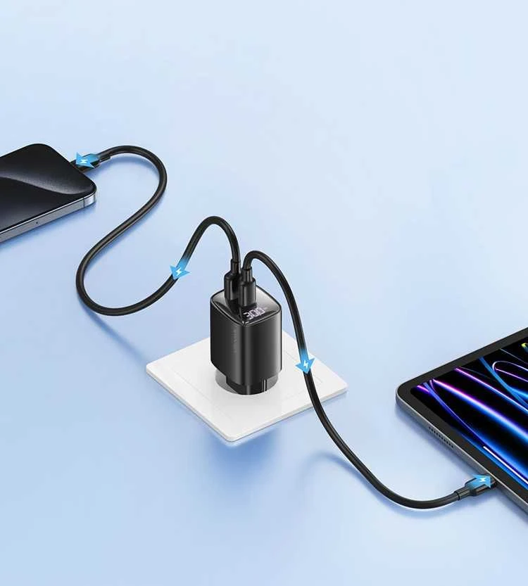 Usams 30W gan led usb+usb-c cc229 greito įkrovimo sieninis įkroviklis, baltas