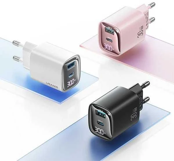 Usams 30W gan led usb+usb-c cc229 greito įkrovimo sieninis įkroviklis, baltas