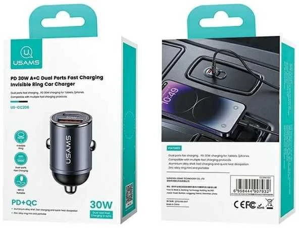 Usams Automobilinis pakrovėjas 30w 1xusb+1xusb-c c38 greito įkrovimo plieno