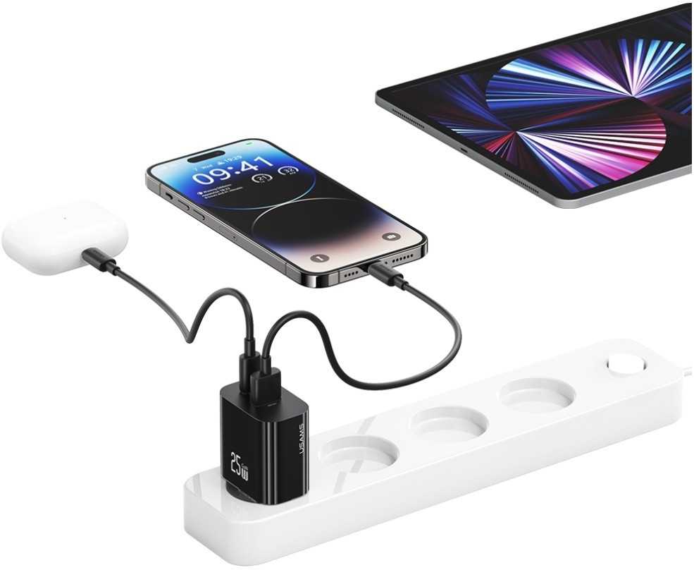 Usams Įkroviklis jungiama į tinklą 25w 1xusb-c 1xusb-a fast charging juoda