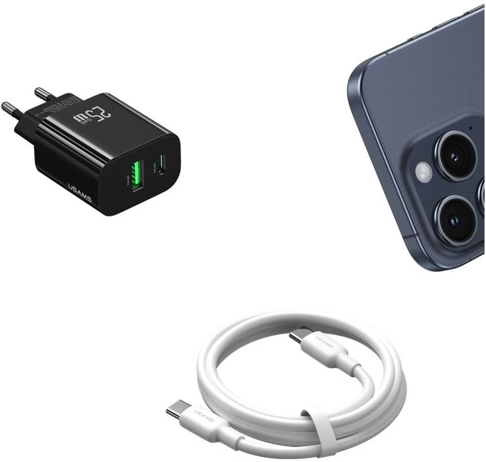 Usams Įkroviklis jungiama į tinklą 25w 1xusb-c 1xusb-a fast charging juoda