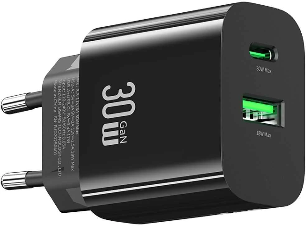 Usams Įkroviklis jungiama į tinklą 30w 1xusb-c 1xusb-a fast czarging juoda