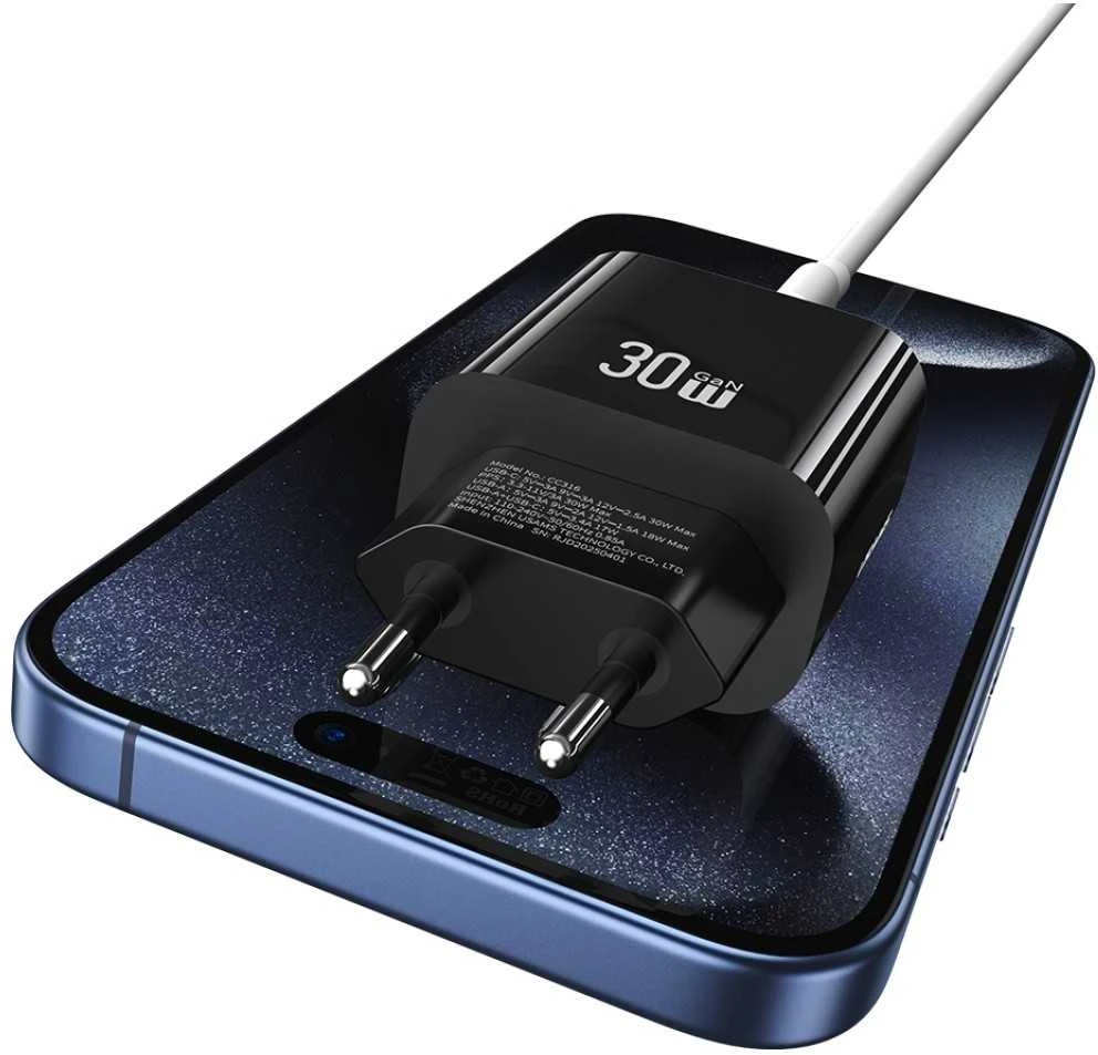 Usams Įkroviklis jungiama į tinklą 30w 1xusb-c 1xusb-a fast czarging juoda