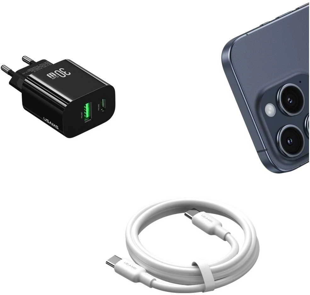 Usams Įkroviklis jungiama į tinklą 30w 1xusb-c 1xusb-a fast czarging juoda