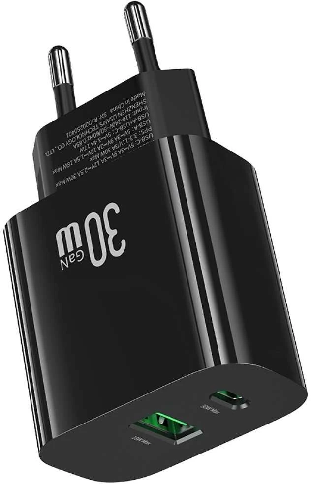 Usams Įkroviklis jungiama į tinklą 30w 1xusb-c 1xusb-a fast czarging juoda