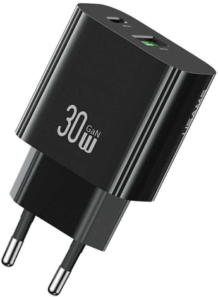 Usams Įkroviklis jungiama į tinklą 30w 1xusb-c 1xusb-a fast czarging juoda