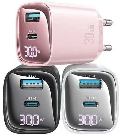 Usams 30 W „Gan LED“ USB + USB-C CC229 greito įkrovimo juodas sieninis įkroviklis