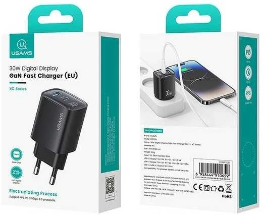 Usams 30 W „Gan LED“ USB + USB-C CC229 greito įkrovimo juodas sieninis įkroviklis