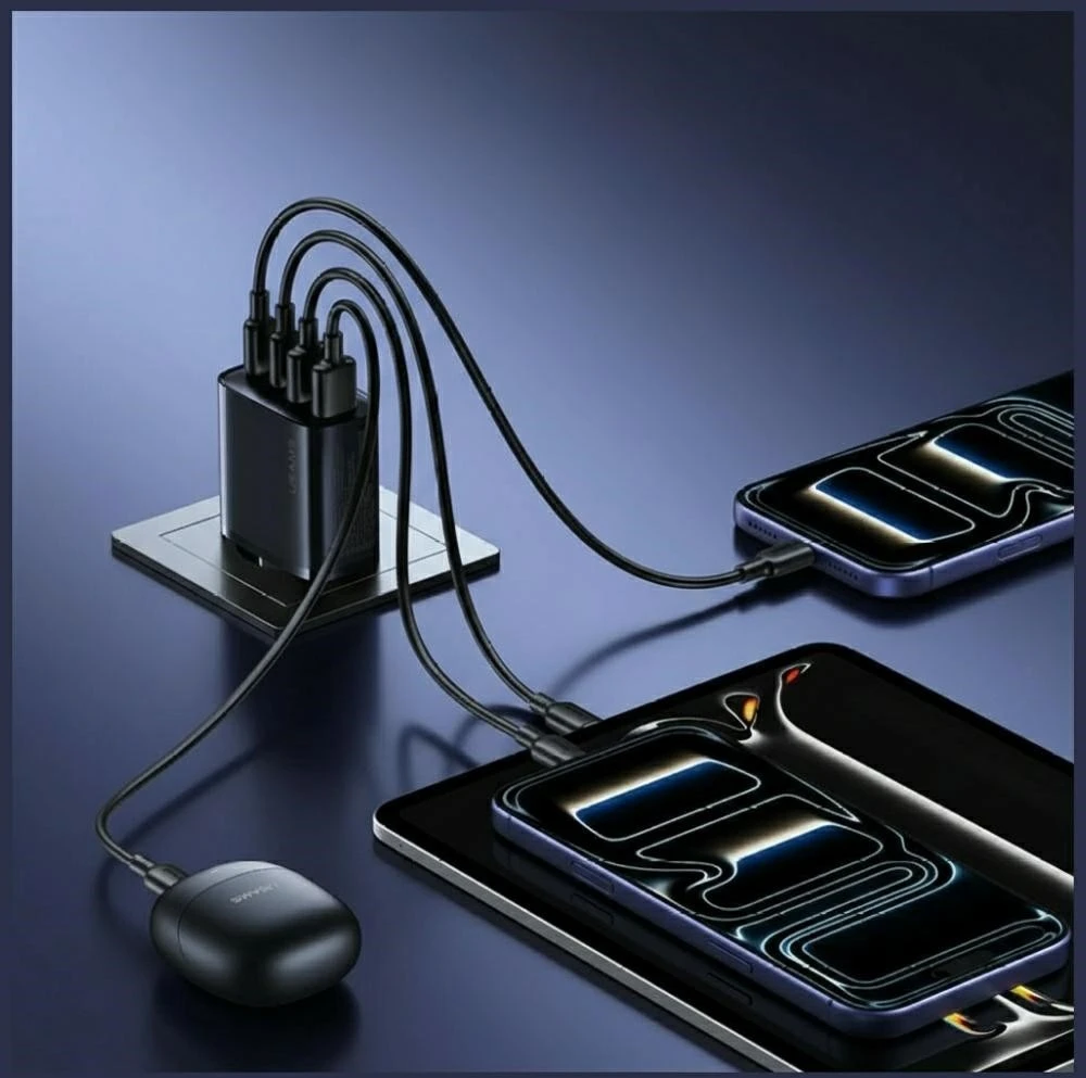 Laidinis įkroviklis USAMS T70 40W 2xUSB-A/2xUSB-C juodos spalvos