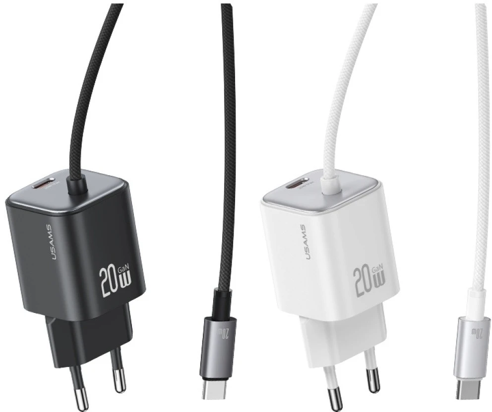 USAMS JC Series CC261 20W GaN Mini Fast Charger 2xUSB-C baltos spalvos