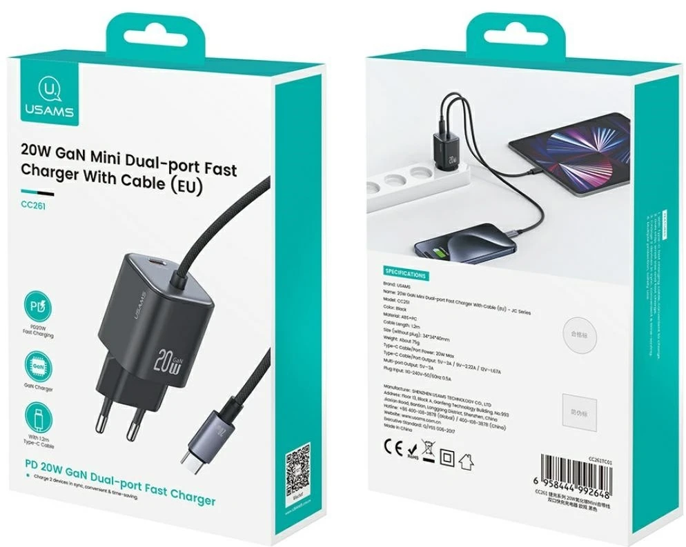 USAMS JC Series CC261 20W GaN Mini Fast Charger 2xUSB-C baltos spalvos
