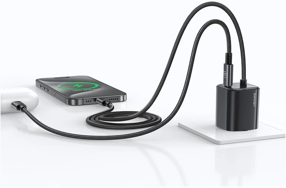 USAMS JC Series CC261 20W GaN Mini Fast Charger 2xUSB-C juodos spalvos