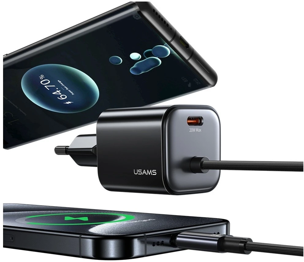 USAMS JC Series CC261 20W GaN Mini Fast Charger 2xUSB-C baltos spalvos
