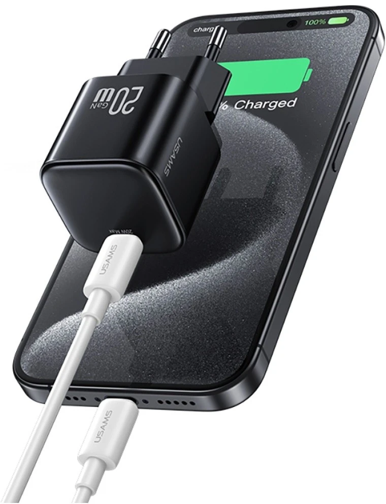 Laidinis įkroviklis USAMS JO Series CC260 20W USB-C + 1m USB-C/Lightning Cable baltos spalvos