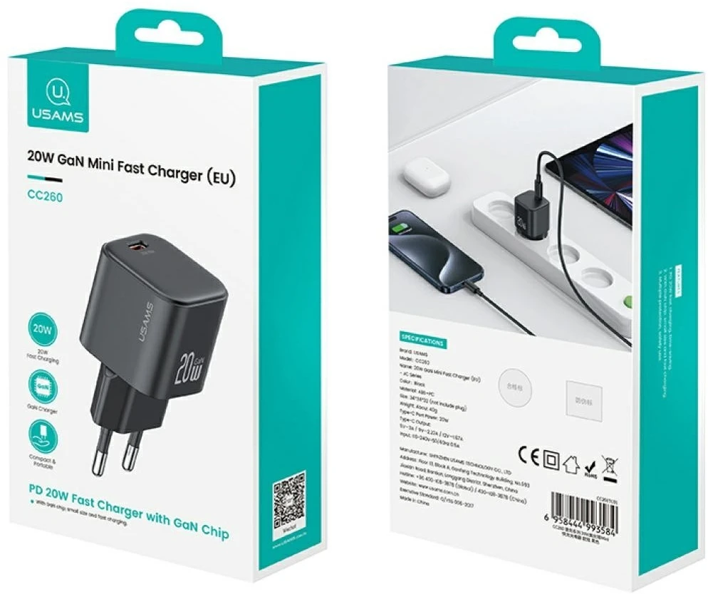 Laidinis įkroviklis USAMS JO Series CC260 20W USB-C + 1m USB-C/Lightning Cable baltos spalvos