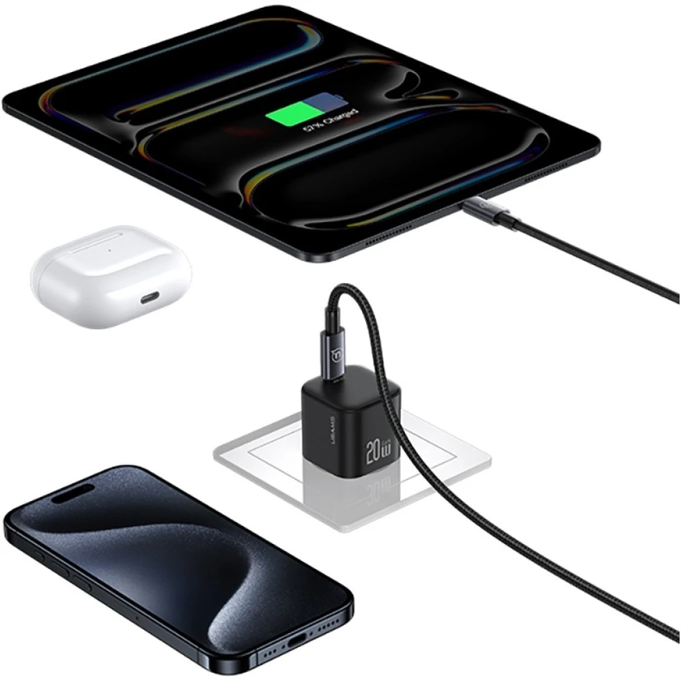 Laidinis įkroviklis USAMS JO Series CC260 20W USB-C + 1m USB-C/Lightning Cable baltos spalvos
