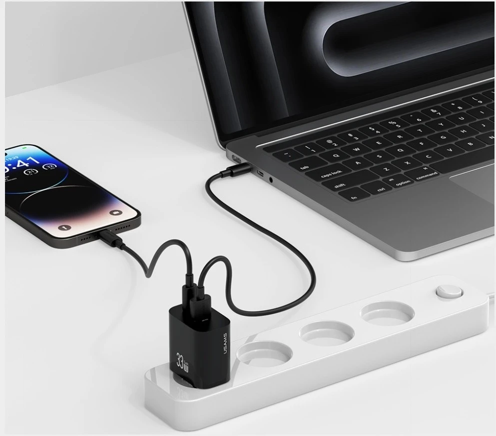 Laidinis įkroviklis USAMS CC317 T65 33W 1xUSB-C 1xUSB-A Fast Charging juodos spalvos