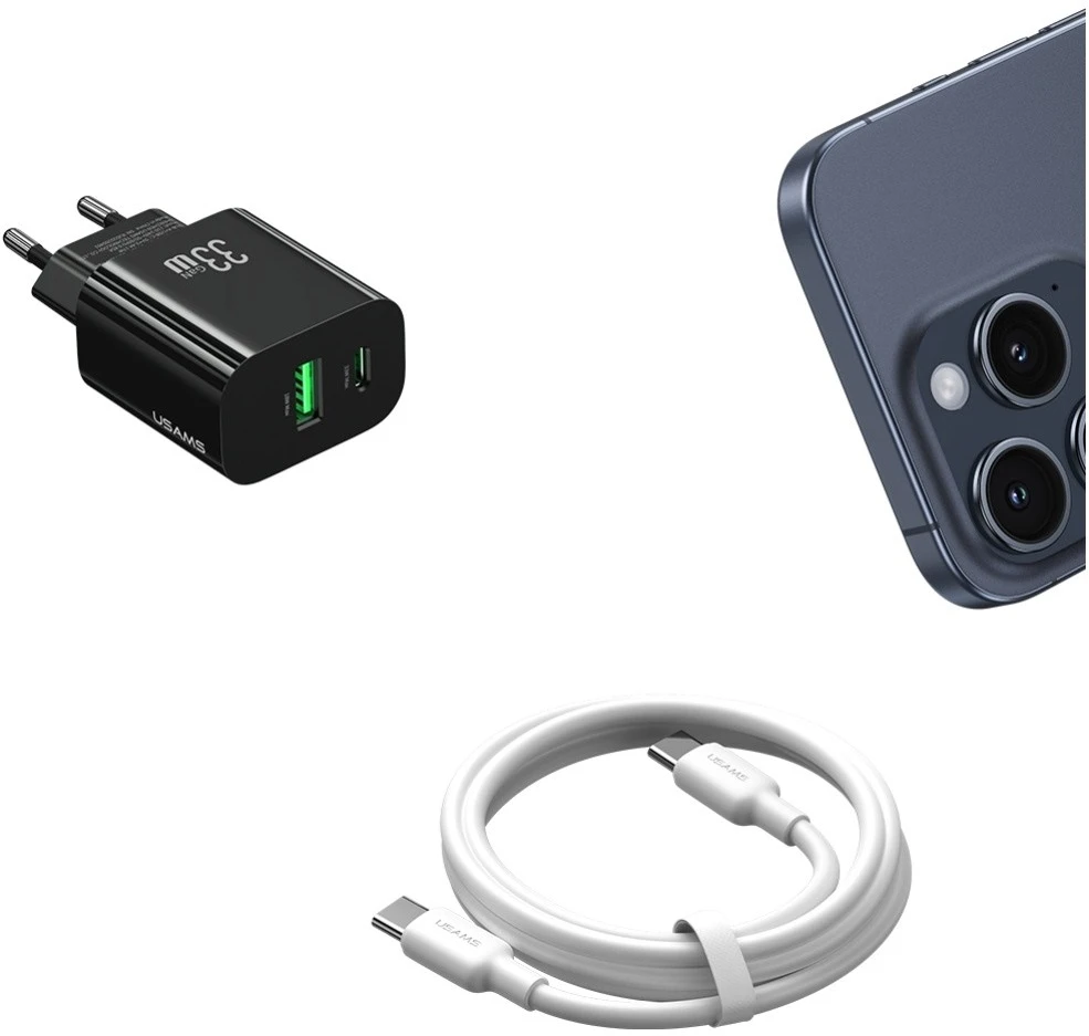 Laidinis įkroviklis USAMS CC317 T65 33W 1xUSB-C 1xUSB-A Fast Charging juodos spalvos