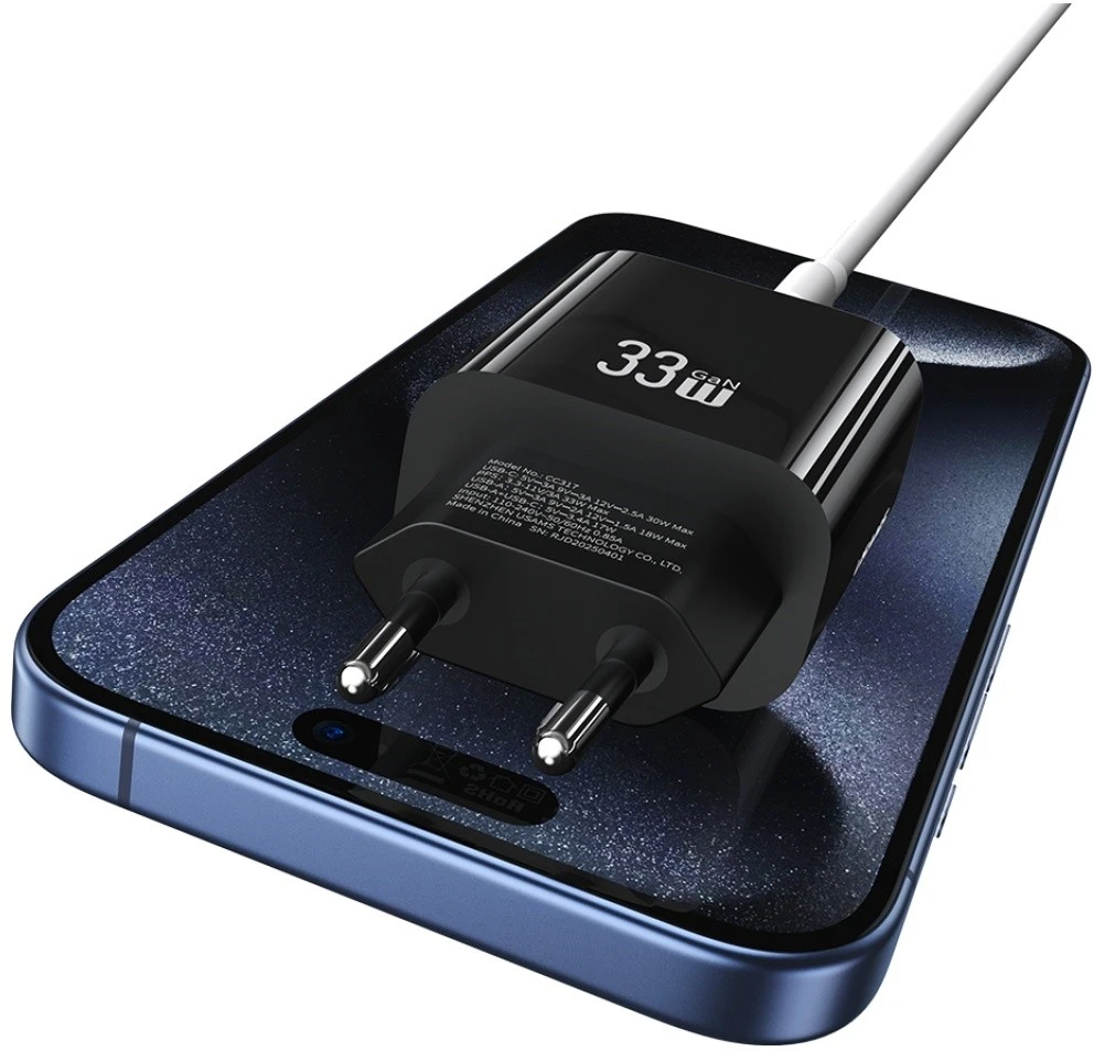 Laidinis įkroviklis USAMS CC317 T65 33W 1xUSB-C 1xUSB-A Fast Charging juodos spalvos