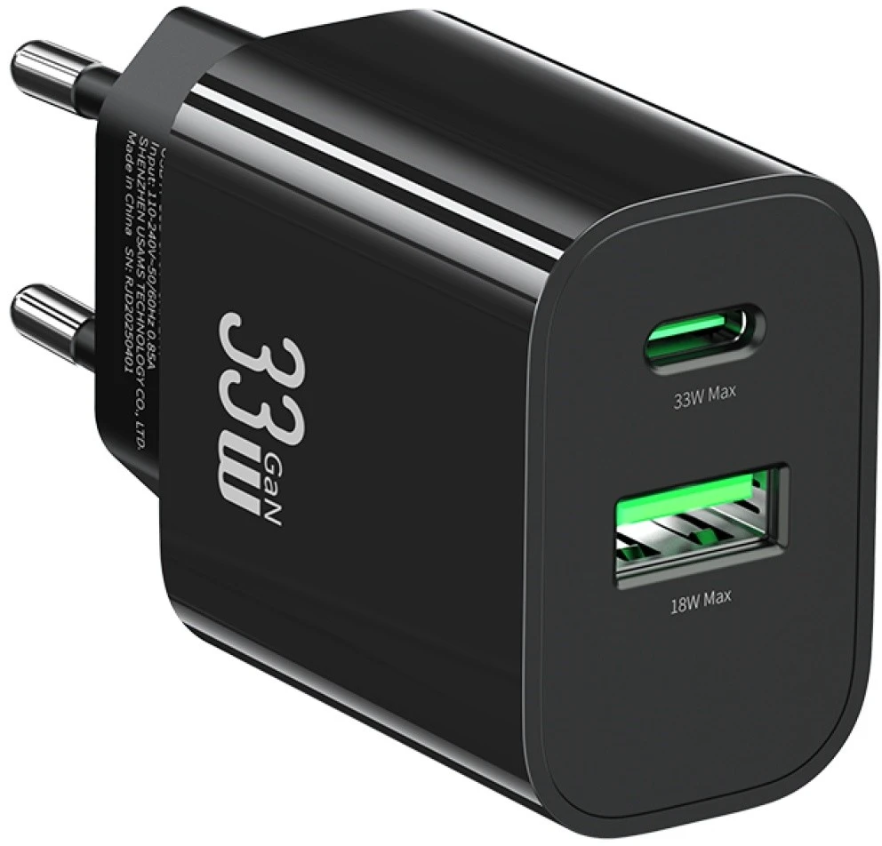 Laidinis įkroviklis USAMS CC317 T65 33W 1xUSB-C 1xUSB-A Fast Charging juodos spalvos
