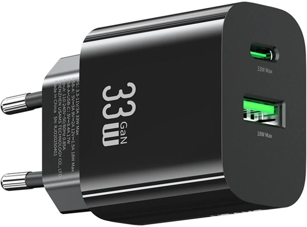 Laidinis įkroviklis USAMS CC317 T65 33W 1xUSB-C 1xUSB-A Fast Charging juodos spalvos