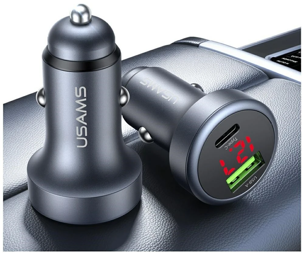 USAMS CC327 automobilinis įkroviklis Aluminum 45W USB-A USB-C tarnish