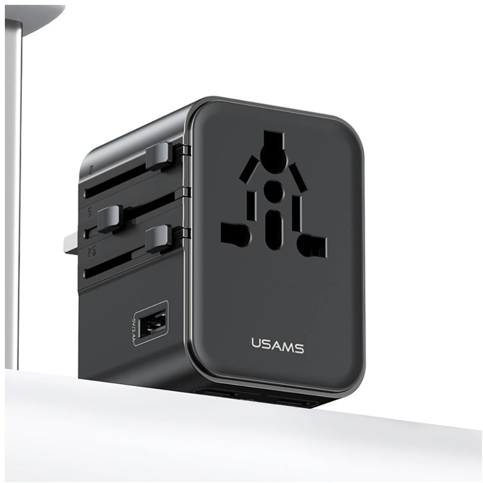 kelioninis įkroviklis USAMS CC308 2xUSB-C 17W 4in1 US/AU/EU/UK juodos spalvos