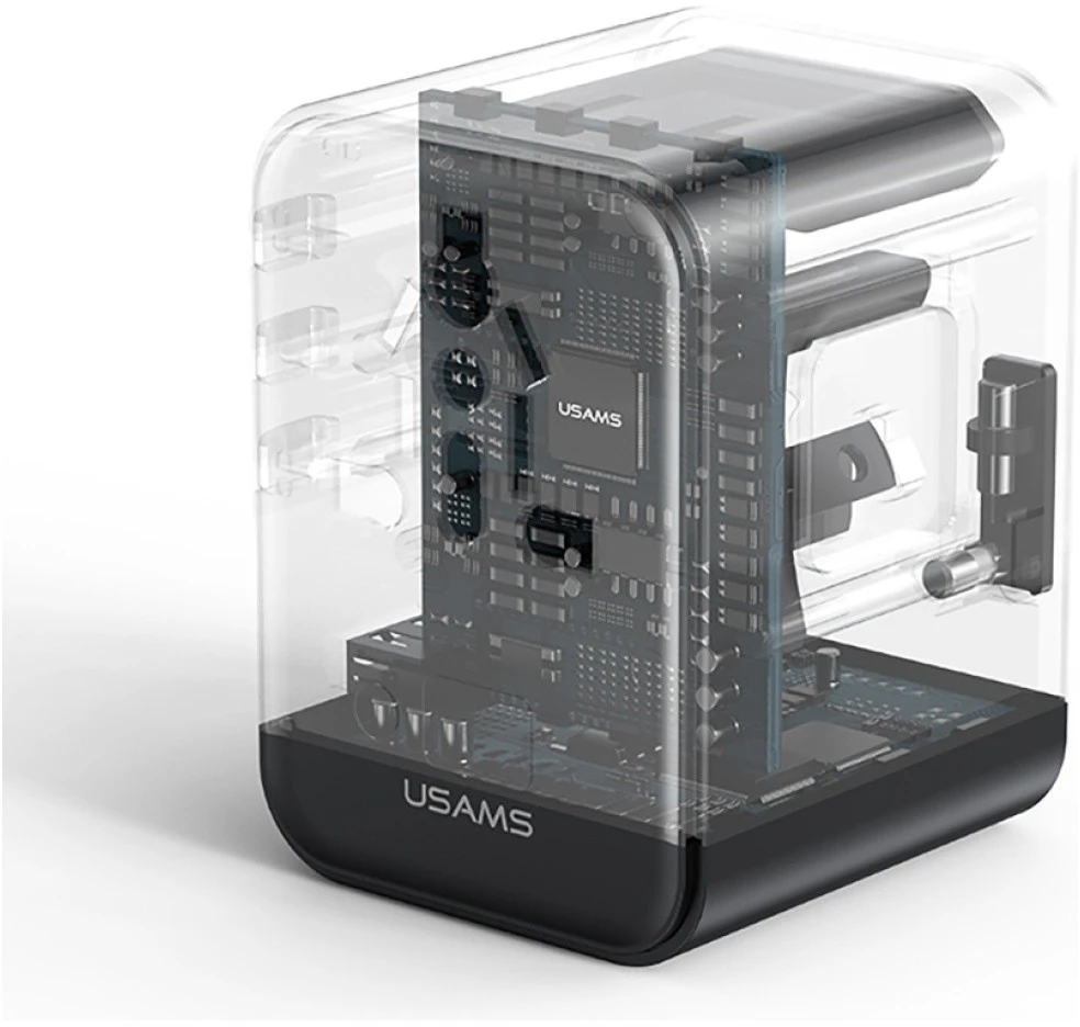 kelioninis įkroviklis Adapteris USAMS CC309 2xUSB-C 25W 4in1 US/AU/EU/UK juodos spalvos