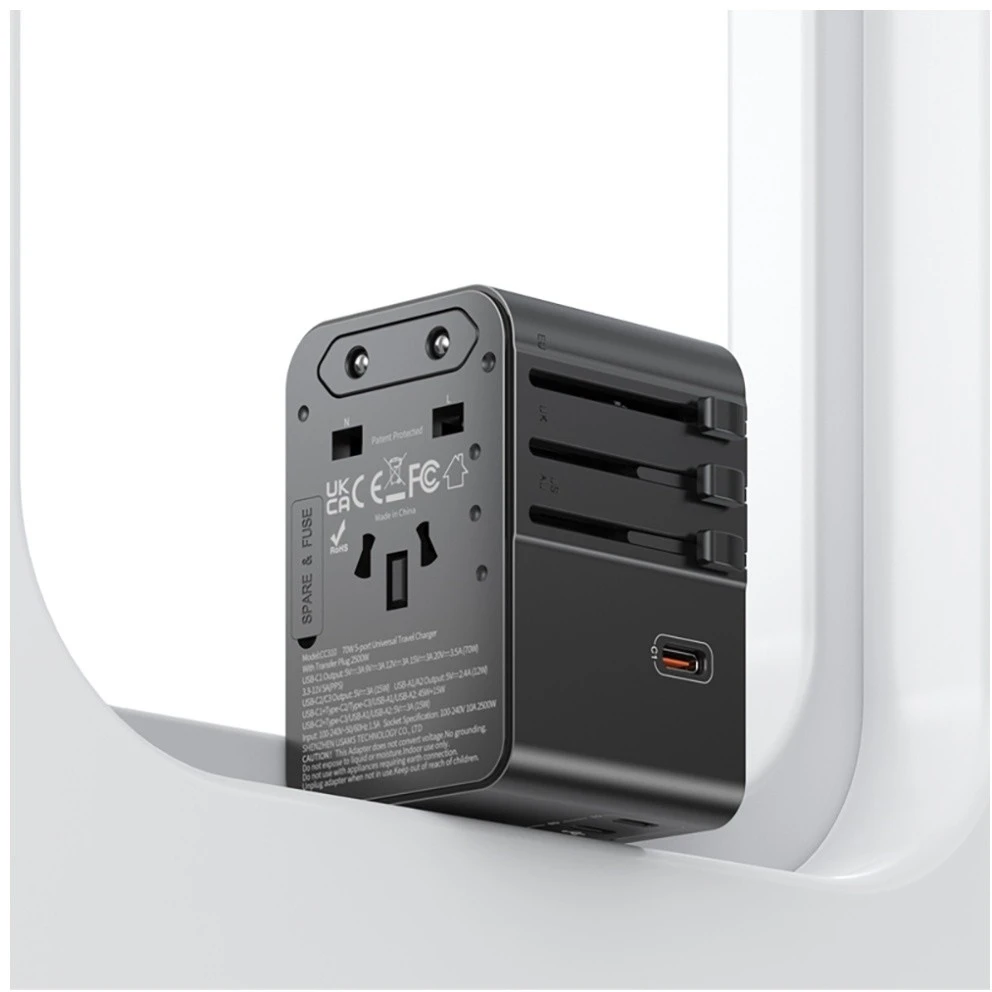 Kelioninis įkroviklis Adapteris USAMS CC310 3xUSB-C 70W 4in1 US/AU/EU/UK juodos spalvos
