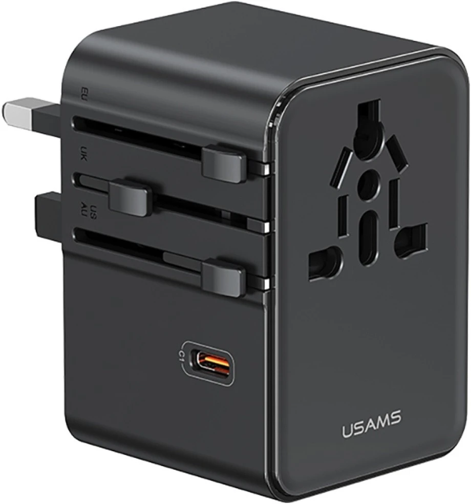 Kelioninis įkroviklis Adapteris USAMS CC310 3xUSB-C 70W 4in1 US/AU/EU/UK juodos spalvos