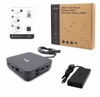 USB-C HDMI dviejų DP prijungimo stoties maitinimo tiekimas 100 W + I-tec universalus įkroviklis 100 W