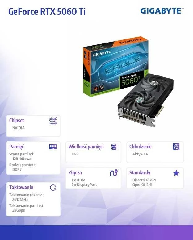 GIGABYTE GeForce RTX 5060 Ti EAGLE OC 8GB GDDR7 vaizdo plokštė, 3xDP, 1xHDMI