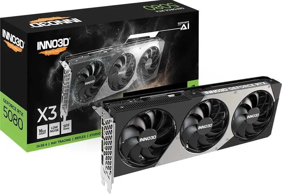 Vaizdo plokštė INNO3D NVIDIA GEFORCE RTX 5080 X3 16GB GDDR7 256bit, 2617 MHz / 30Gbps, 3x DP, 1x HDMI, 3 ventiliatoriai, 2 lizdai