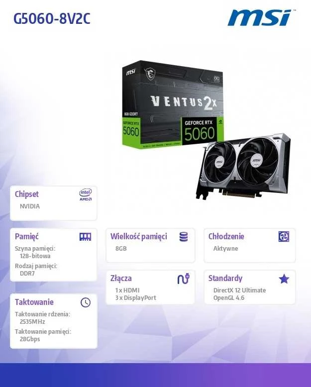 Vaizdo plokštė MSI GeForce RTX™ 5060 8G VENTUS 2X OC | 8 GB GDDR7