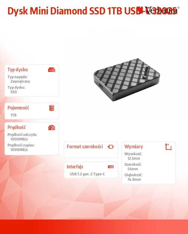 Kietasis diskas External drive Verbatim Mini Diamond SSD 1TB USB-C 3.2 Gen juodas 32025