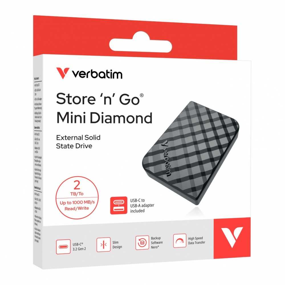 Kietasis diskas Išorinis diskas Verbatim Store n Go Mini Diamond USB-C SSD 2Tb juodas 32026