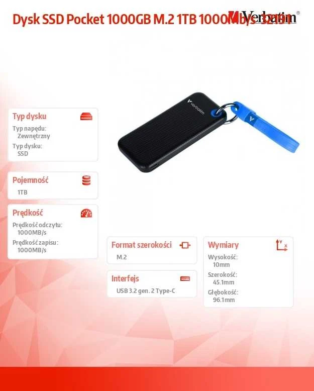 Kietasis diskas Verbatim diskas SSD 1TB - raktų pakabukas su laidu USB 3.2 gen.2 juodos ir mėlynos spalvos 32191