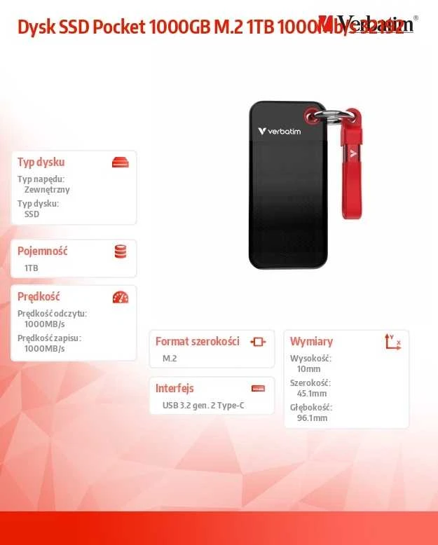 Kietasis diskas Verbatim Dysk SSD 1TB - USB 3.2 gen.2 juodos ir raudonos spalvos 32192