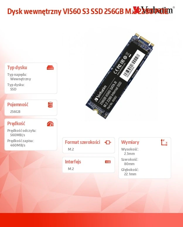 Verbatim Vi560 S3 SSD 256GB M.2 SATA 6Gb/s – vidinis kietojo kūno modulis