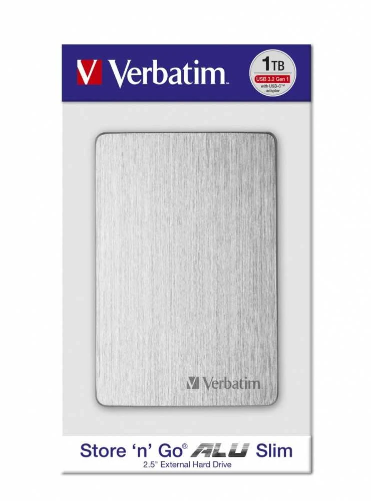 Kietasis diskas Verbatim Store 'n' Go ALU Slim 1TB Sidabrinis – išorinis standusis diskas, USB 3.0 Micro-B
