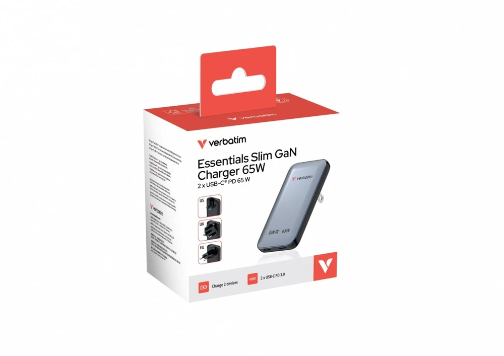 Verbatim, Įkroviklis Essentials Slim GaN USB-C1 PD 3.0 , USB-C2 PD 3.0, pilka, 65W