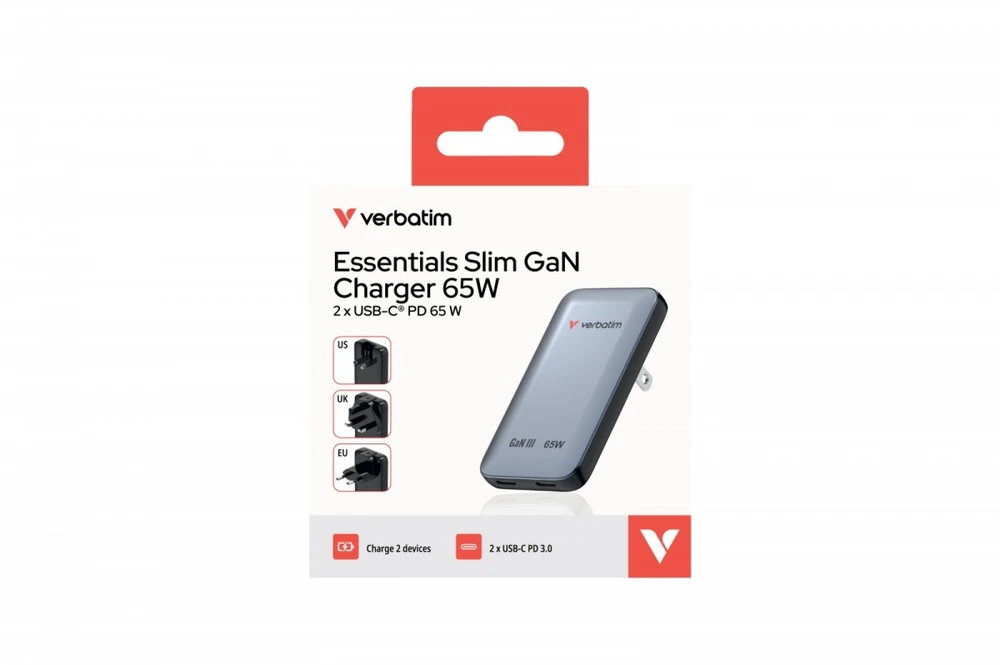 Verbatim, Įkroviklis Essentials Slim GaN USB-C1 PD 3.0 , USB-C2 PD 3.0, pilka, 65W