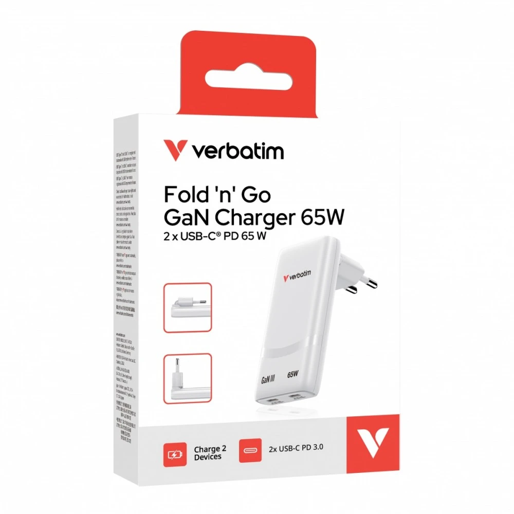 Verbatim GaN kelioninis įkroviklis sulankstomas „n“ Go 65 W, 2 × USB-C PD ES kištukas, Baltas